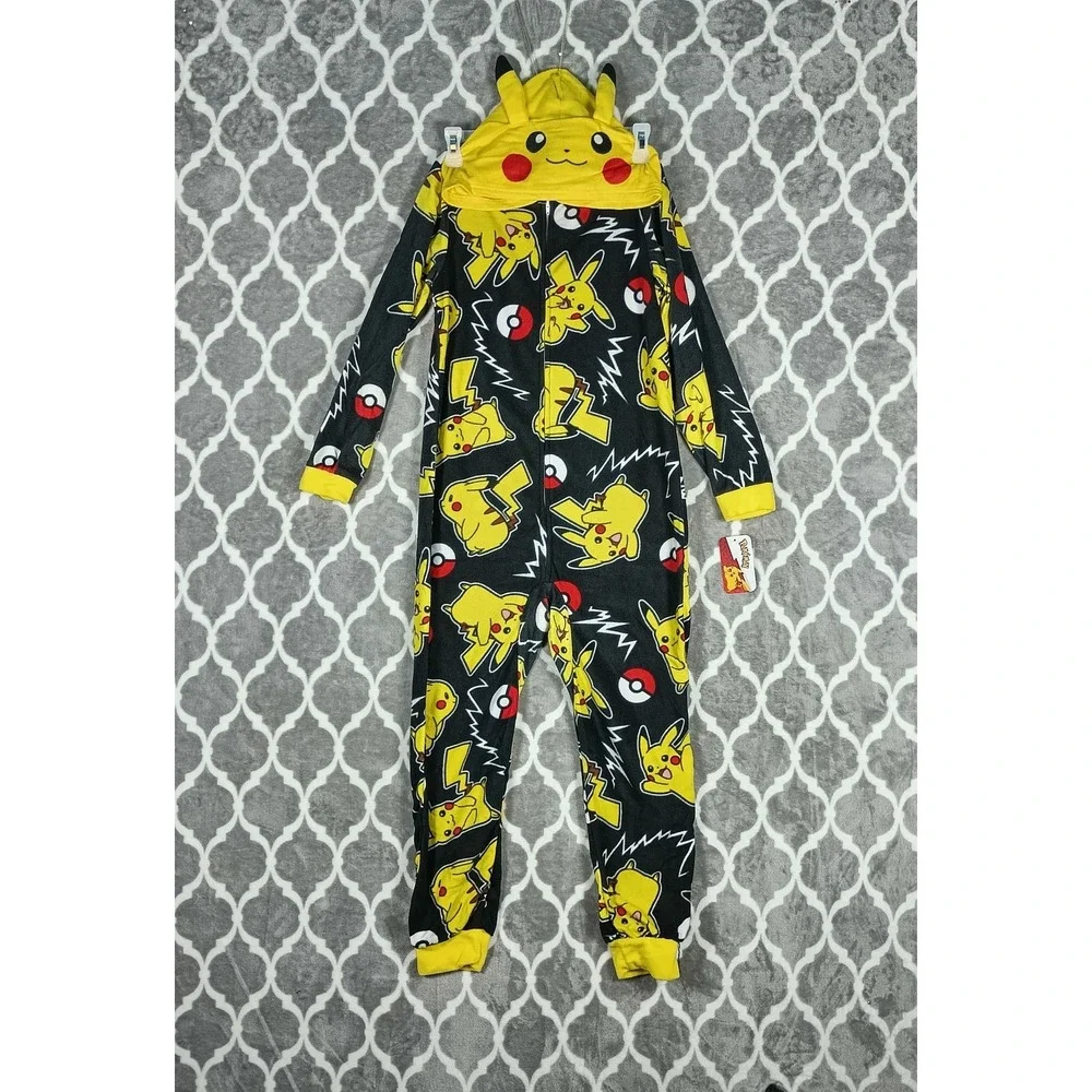 Pokemon One Piece Pajamas Boy Size 12 Black Yellow Pikachu Hooded Fleece Sleeper